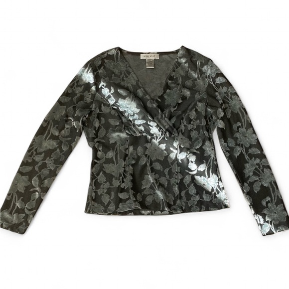 y2k |Nine West| 90s Velvet Flower V-neck pastel baby Blue & Grey Woman’s Size M - Picture 1 of 7